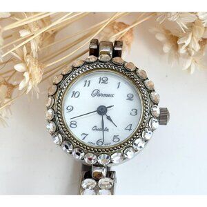 Parmex Silver Toned Vintage Rhinestoned Vintage Wristwatch - 16mm - WORKS!